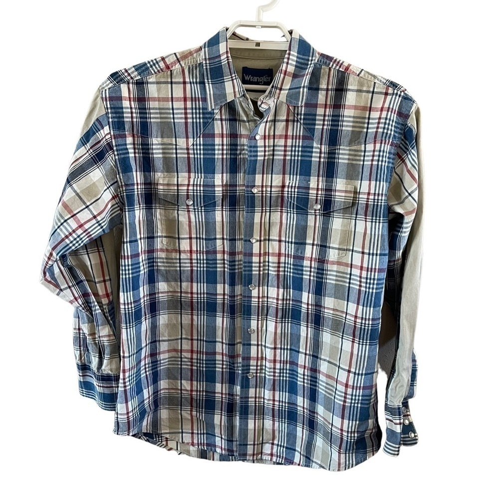 Wrangler western shirt Pearl snap plaid heavy shirt size large GUC blue red